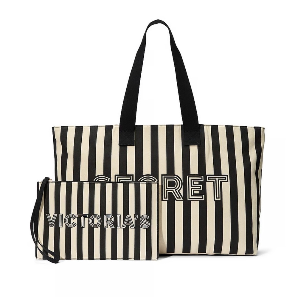 VICTORIA’S SECRET GRAPHIC STRIPED TOTE & WRISTLET POUCH SET!